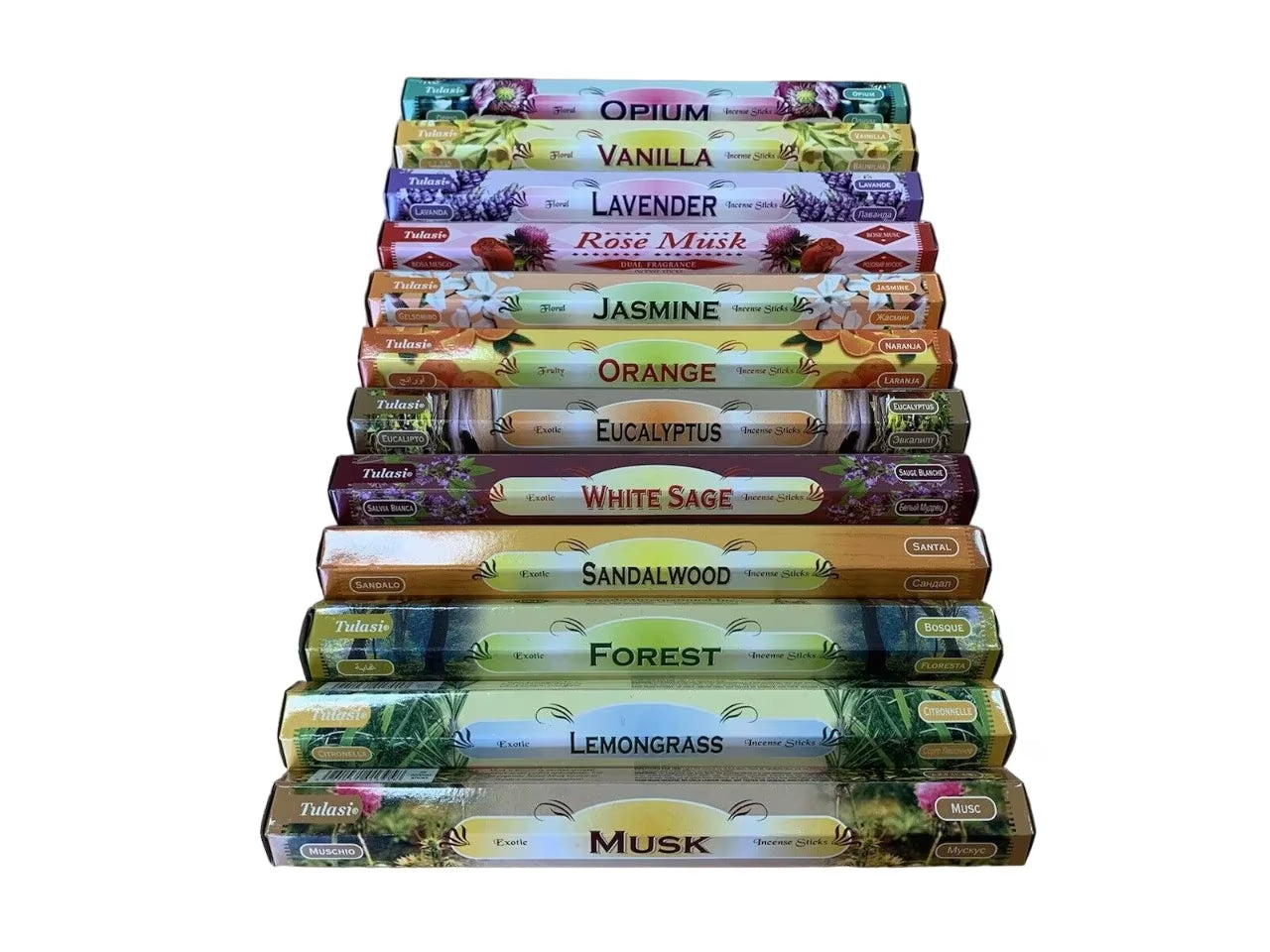 Lote de Incienso Tulasi - Surtido de 15 Cajas - 300 Varillas - Paquete de Incienso con Fragancias Variadas - Salvia Blanca, Lavanda, Nag Champa, Palo Santo, Vainilla, Coco, Canela, Mirra, Sándalo, Azmicle, Jazmín, Limón