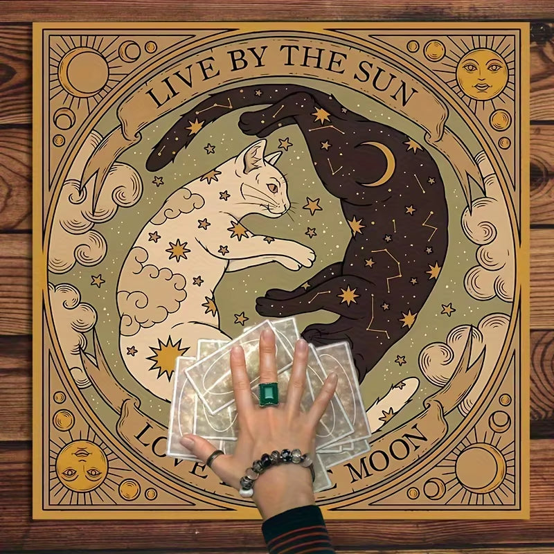 Sun & Moon Cat Altar Cloth - Starry Celestial Design, 100% Polyester for Tarot & Divination