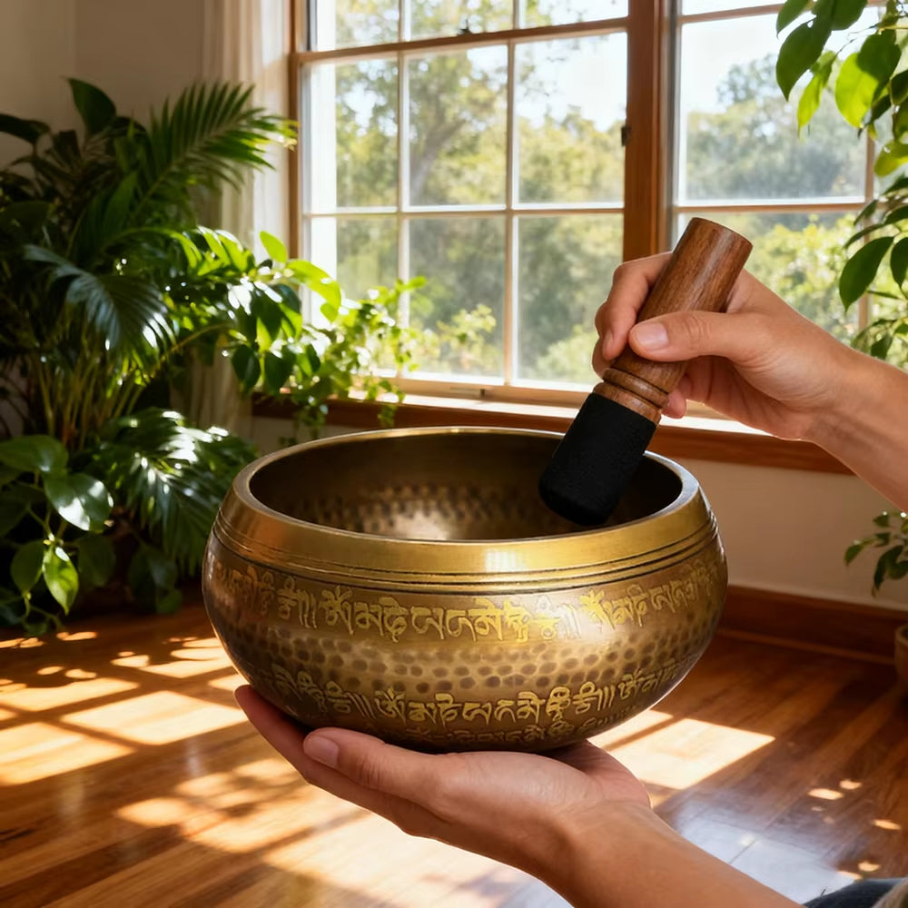 Juego de Cuencos Cantores Tibetanos y Nepaleses Hechos a Mano con Diseño de Mantra de Buda, Cuenco Tibetano con Palo de Cuero para Yoga, Canto y Meditación