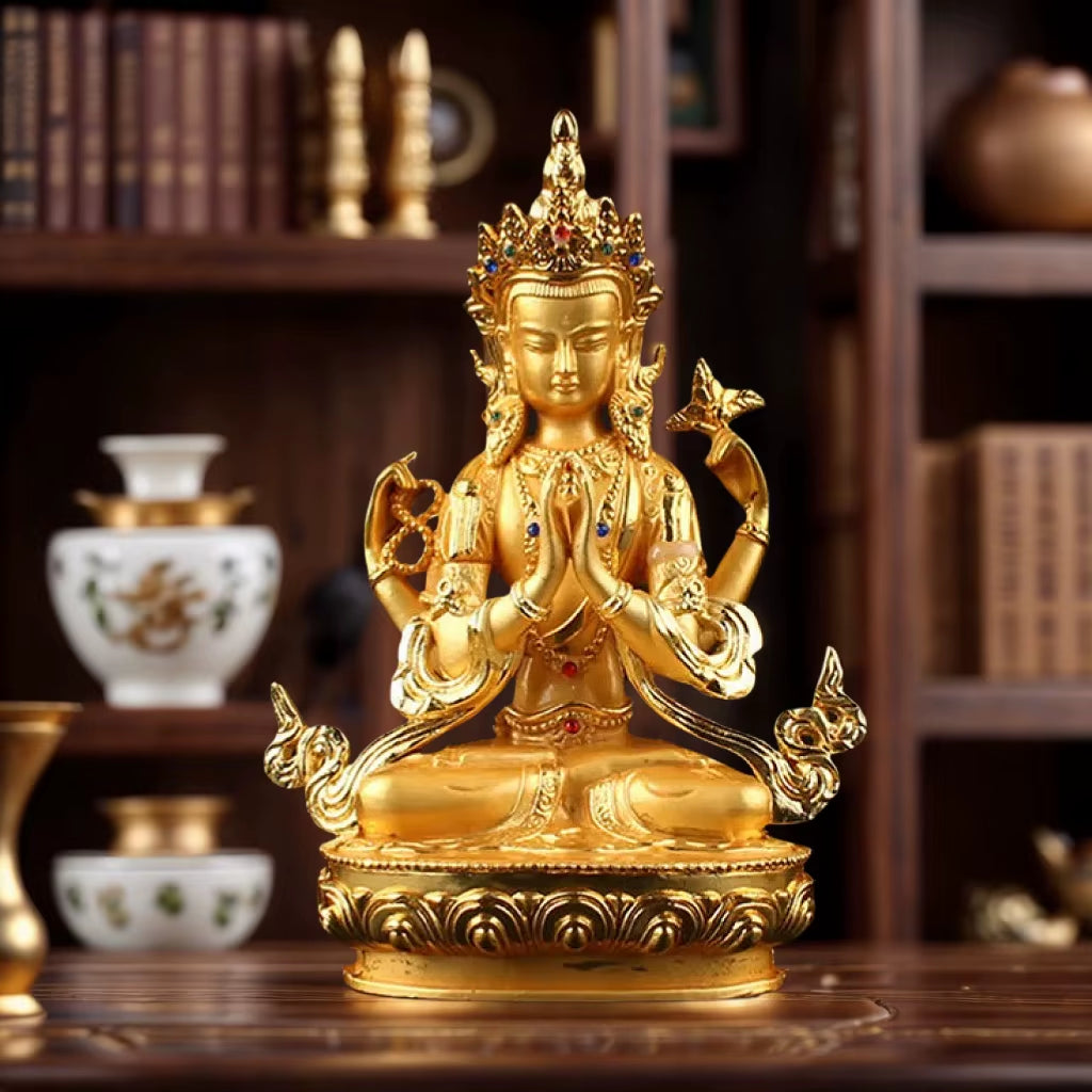 Figura de Buda Tibetana de Guanyin de Cuatro Brazos Avalokitesvara Bodhisattva de Metal Aleado Chapado  de 6 Pulgadas