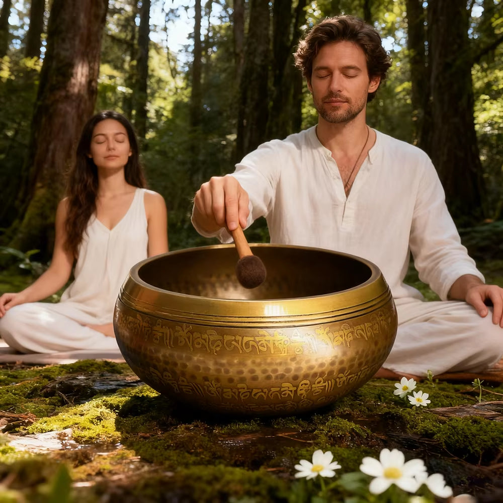 Juego de Cuencos Cantores Tibetanos y Nepaleses Hechos a Mano con Diseño de Mantra de Buda, Cuenco Tibetano con Palo de Cuero para Yoga, Canto y Meditación