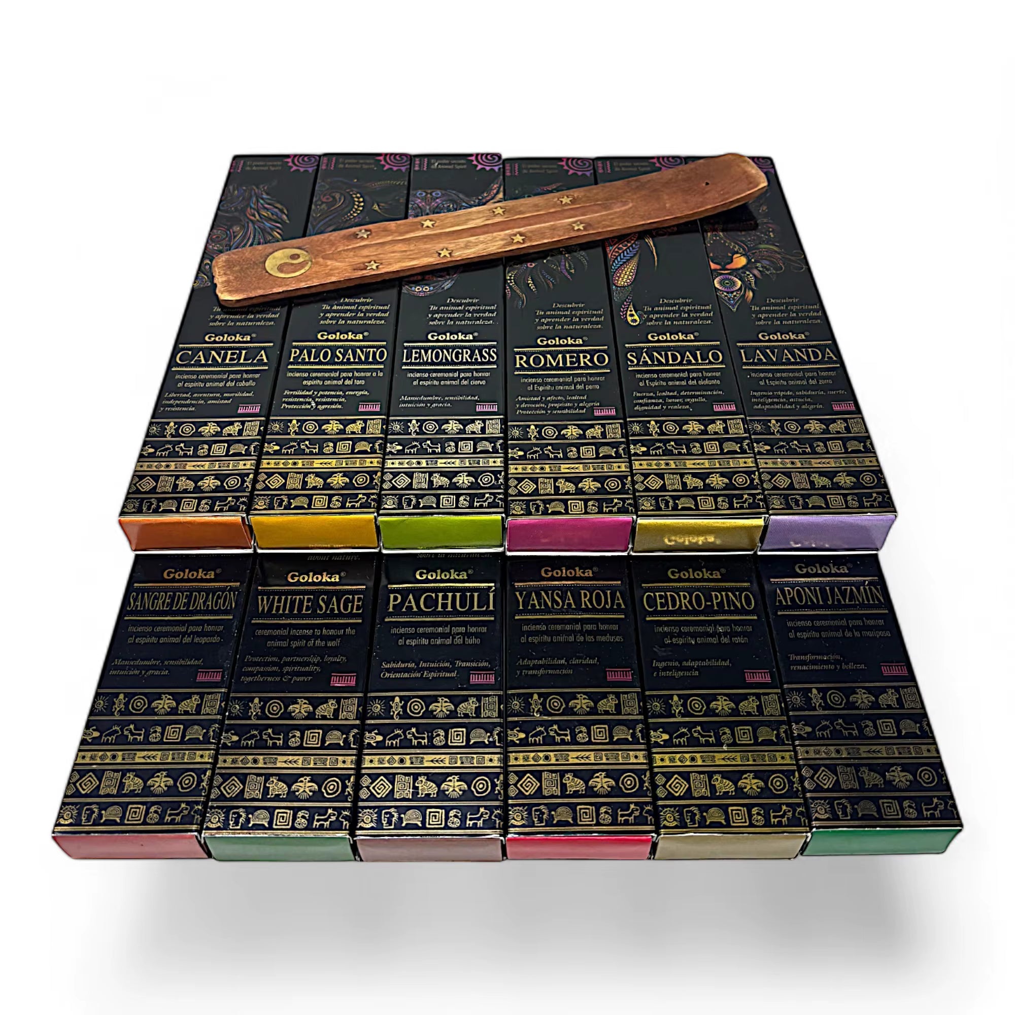 Organico. Lote de 12 fragancias diferentes: Palo Santo, Lavanda, Sándalo, Canela, Jazmín, Romero, Hierba de Limón, Rosa, Pino, Sangre de Dragón, Pachulí, Salvia Blanca. Cajas de 25 gramos