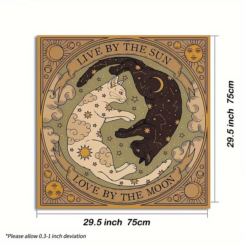 Sun & Moon Cat Altar Cloth - Starry Celestial Design, 100% Polyester for Tarot & Divination