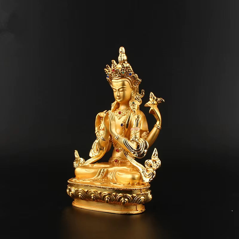 Figura de Buda Tibetana de Guanyin de Cuatro Brazos Avalokitesvara Bodhisattva de Metal Aleado Chapado  de 6 Pulgadas