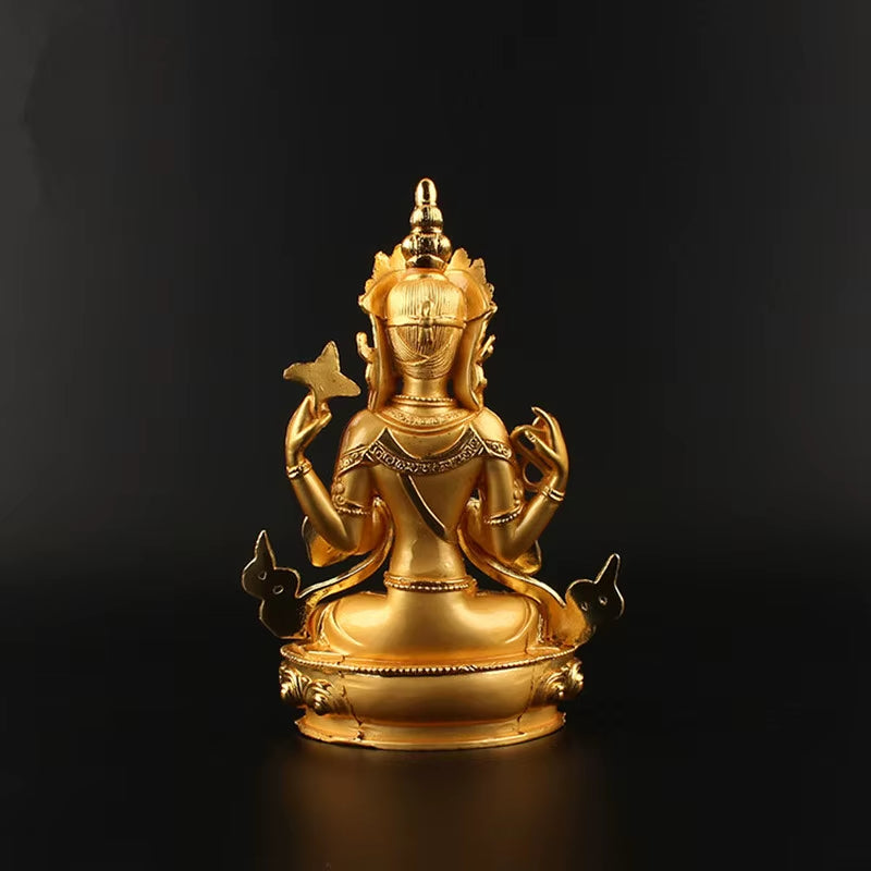 Figura de Buda Tibetana de Guanyin de Cuatro Brazos Avalokitesvara Bodhisattva de Metal Aleado Chapado  de 6 Pulgadas