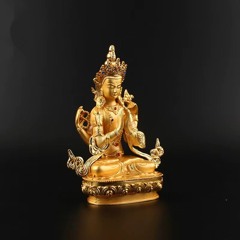 Figura de Buda Tibetana de Guanyin de Cuatro Brazos Avalokitesvara Bodhisattva de Metal Aleado Chapado  de 6 Pulgadas