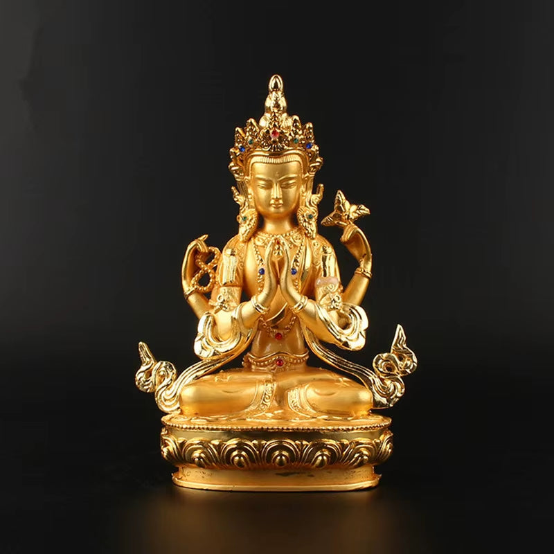 Figura de Buda Tibetana de Guanyin de Cuatro Brazos Avalokitesvara Bodhisattva de Metal Aleado Chapado  de 6 Pulgadas