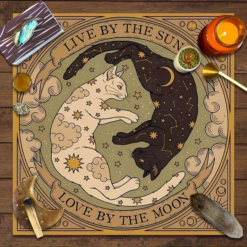 Sun & Moon Cat Altar Cloth - Starry Celestial Design, 100% Polyester for Tarot & Divination