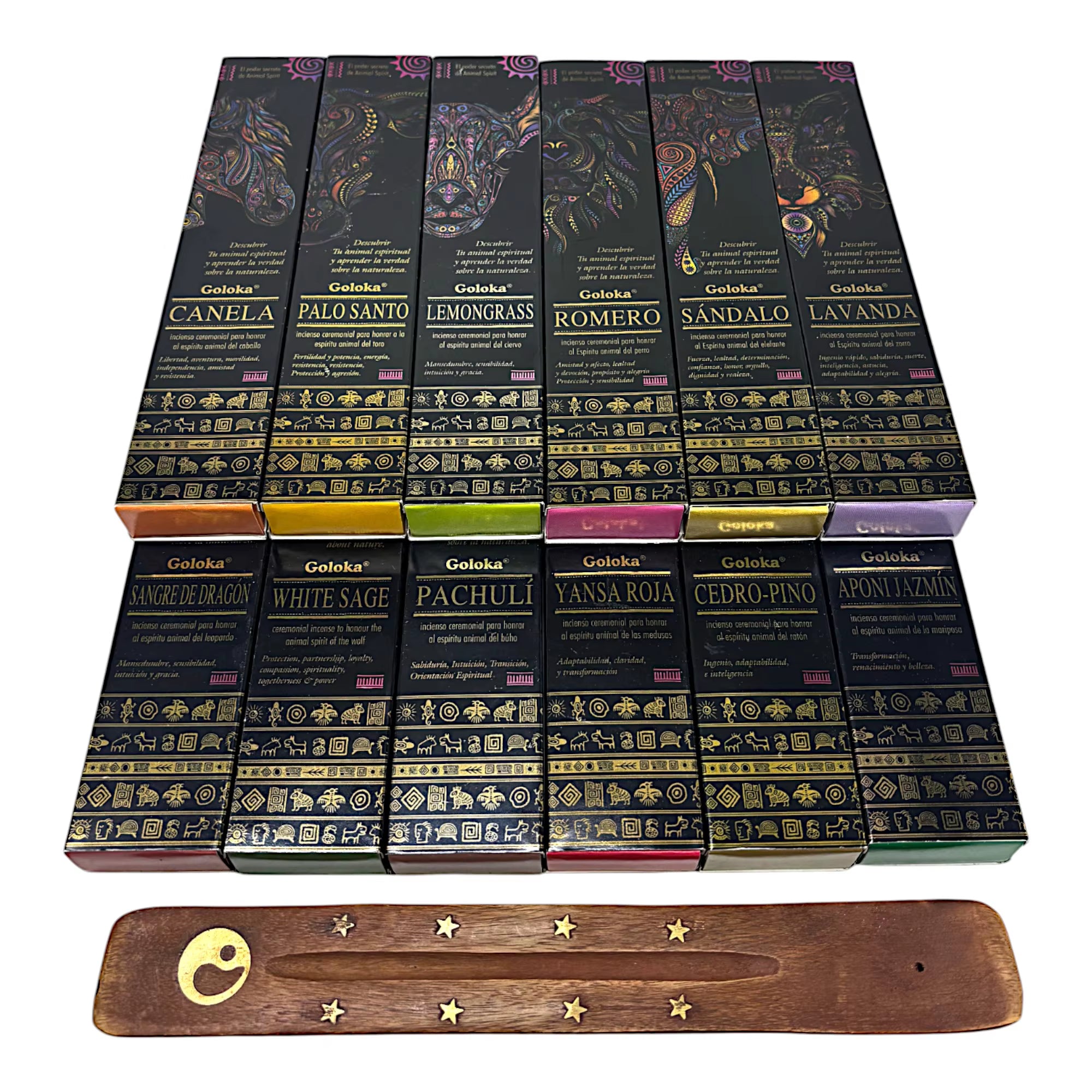 Organico. Lote de 12 fragancias diferentes: Palo Santo, Lavanda, Sándalo, Canela, Jazmín, Romero, Hierba de Limón, Rosa, Pino, Sangre de Dragón, Pachulí, Salvia Blanca. Cajas de 25 gramos