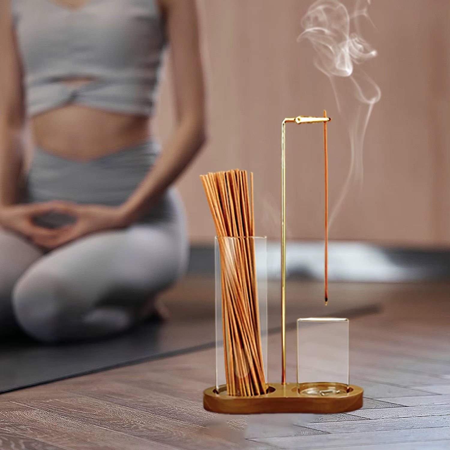 Porta incienso 2 en 1 para varillas, anti-caída de ceniza con quemador de incienso y recoge cenizas de vidrio, y organizador de varillas para meditación y yoga