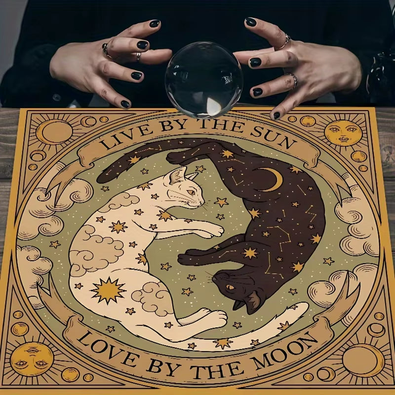 Sun & Moon Cat Altar Cloth - Starry Celestial Design, 100% Polyester for Tarot & Divination